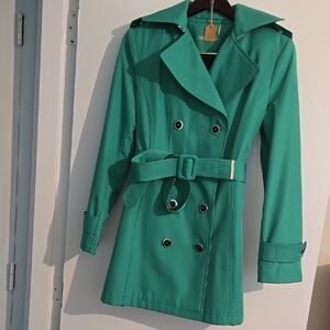 Calvin Klein Green Trench Coat with Belt and Wide Collar
